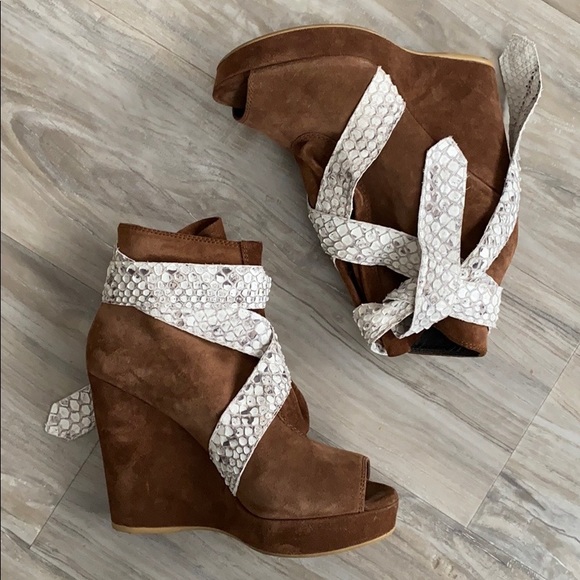 Stuart Weitzman Shoes - Stuart Weitzman Python Ankle Wrap Wedge Boot 9M